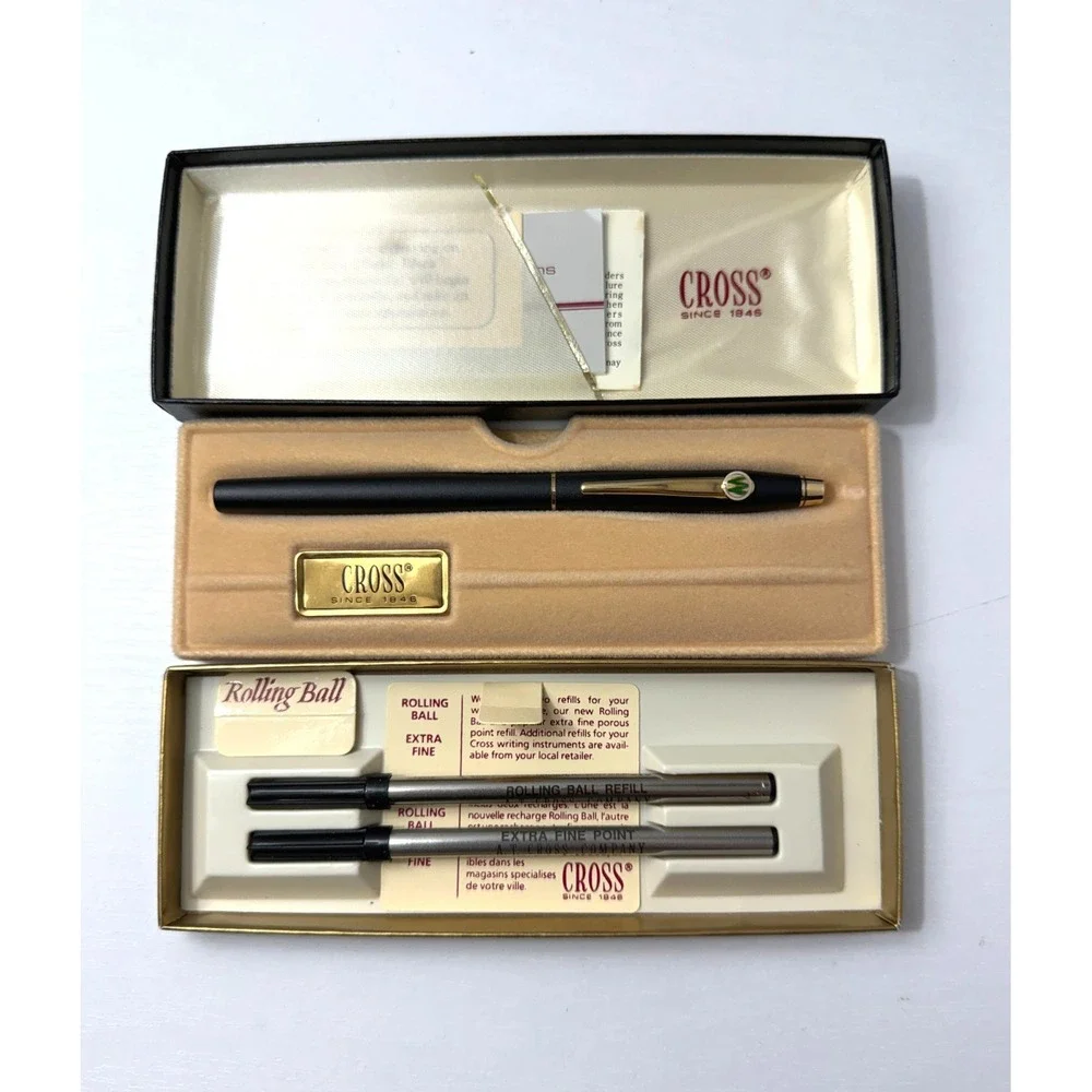 CROSS Rolling Ball Pen Black Gold Trim Vintage 1990 Engraved with Box Refills